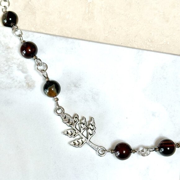 Genuine Dark Brown Agate Necklace, Natural Gemstone & Silver Leaf Branch Pendant - Picture 5 of 14